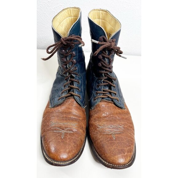 VTG Hondo Sz 12.5 A  Narrow Men Lace Up Boots Leather Brown/Blue GUC